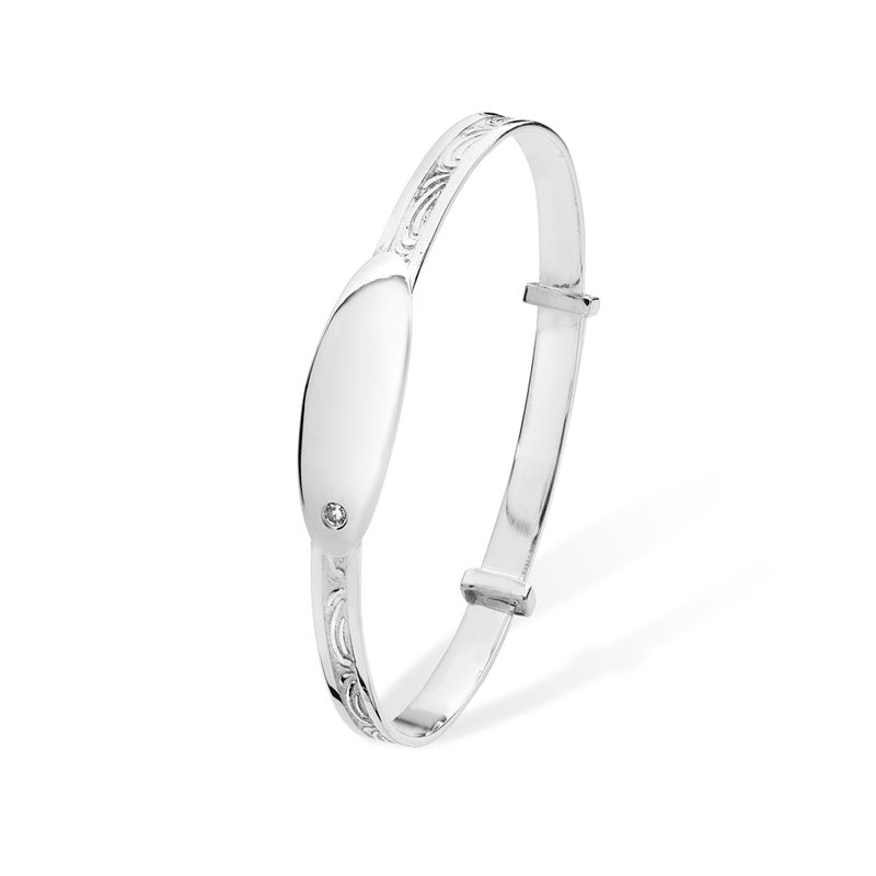 Kids ID Baby Bangle with Clear CZ | Sterling Silver Baby Jewellery UK