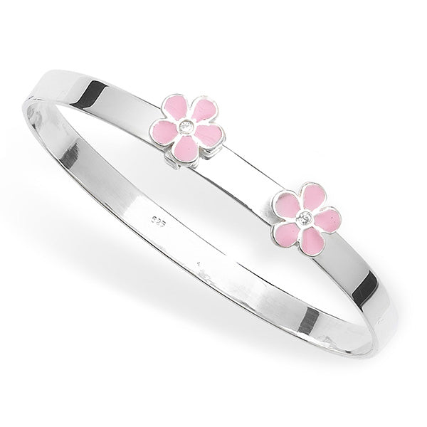 Sterling Silver Pink Flower Bangle Baby & Kids Floral Bracelet